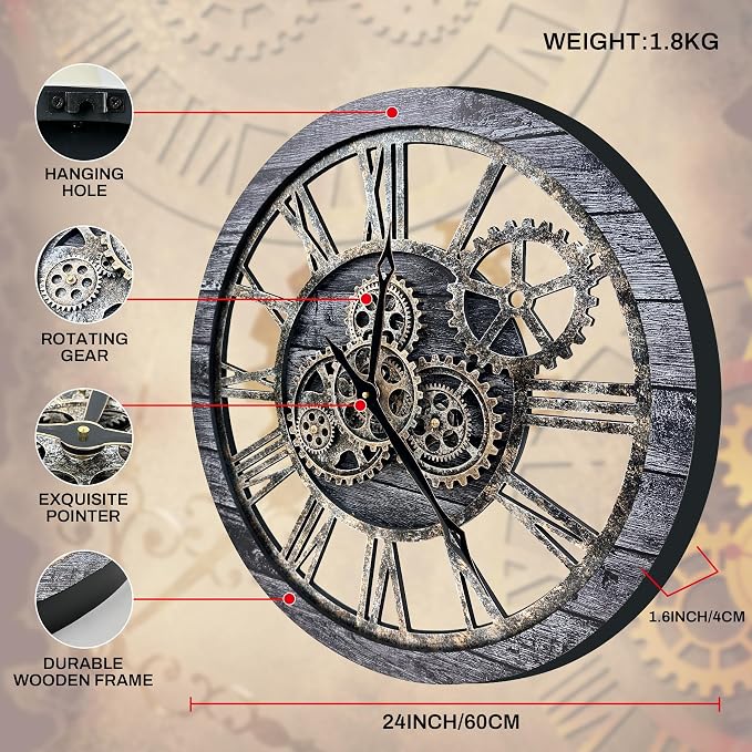 The B-Style Large Wall Clock 24 inch Moving Gear Wall Clock Oversized Vintage - Image 2