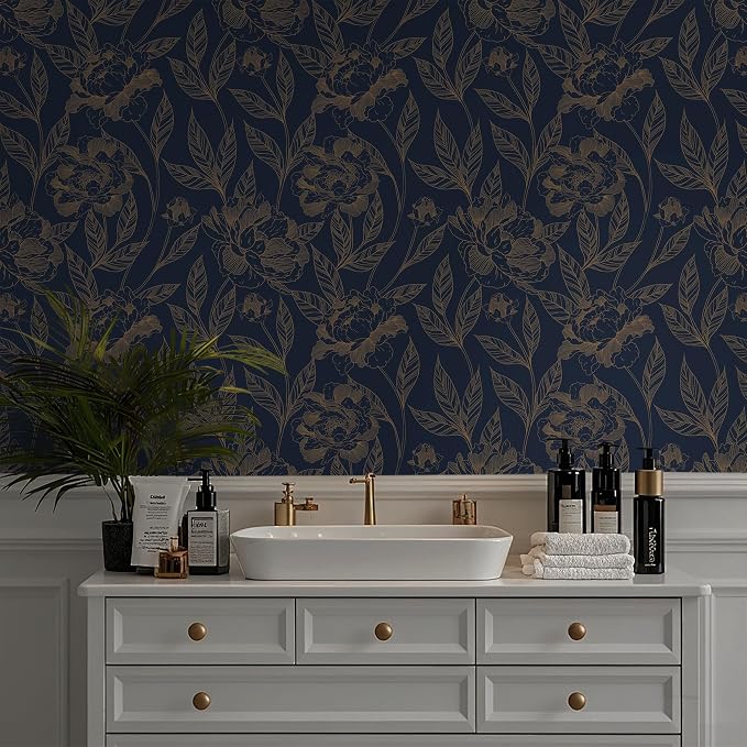 Timeet Peel and Stick Wallpaper Gold and Blue Floral Wall Paper - Image 3