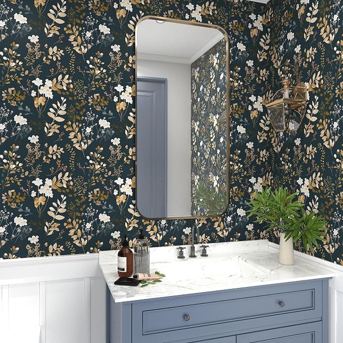Laatse Navy Floral Wallpaper Peel and Stick Boho Wallpaper Vintage Blue/Gold - Image 5