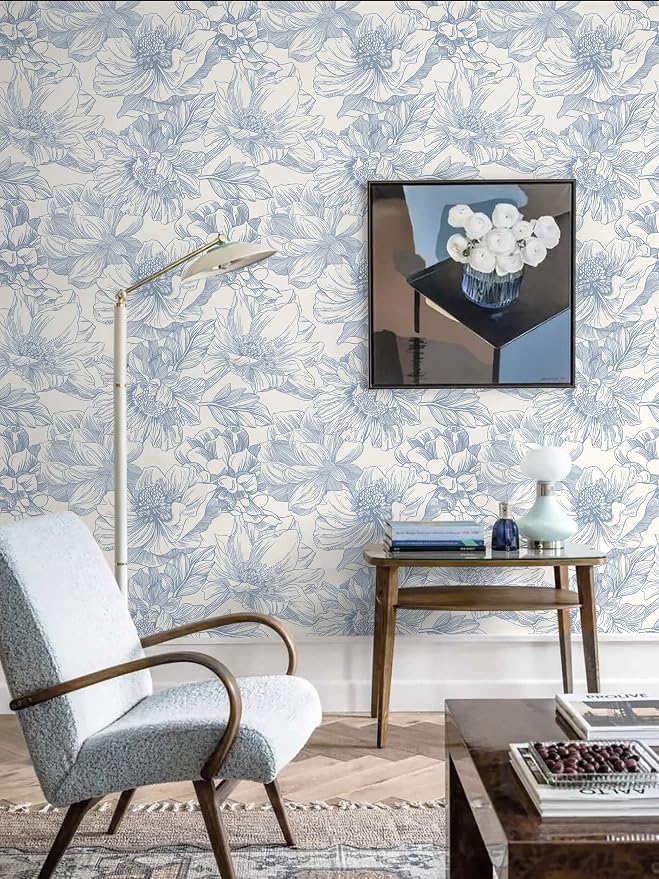 Ismoon Vintage Floral Wallpaper Peel and Stick Beige and Blue Contact Paper - Image 5