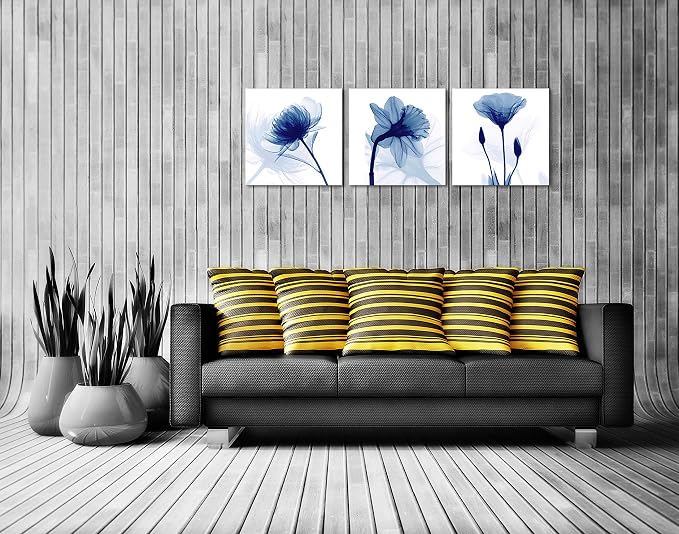 Wieco Art Blue Abstract Flowers 3 Panels Canvas Prints Wall Art Modern Pictures - Image 4