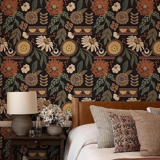 Simon&Siff Boho Peel and Stick Wallpaper, 17.3" x 1200" Sun Floral Retro - Image 2