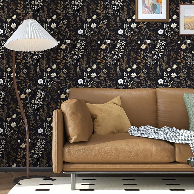 Dark Taupe Floral Peel and Stick Wallpaper, 17.5In x 197In Vintage Black Golden - Image 3