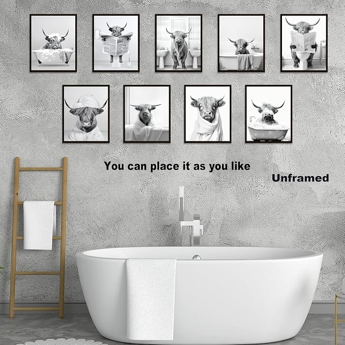 SEHSUVC Funny Bathroom Cow Posters Wall Art Set of 9, Vintage Black and White - Image 2