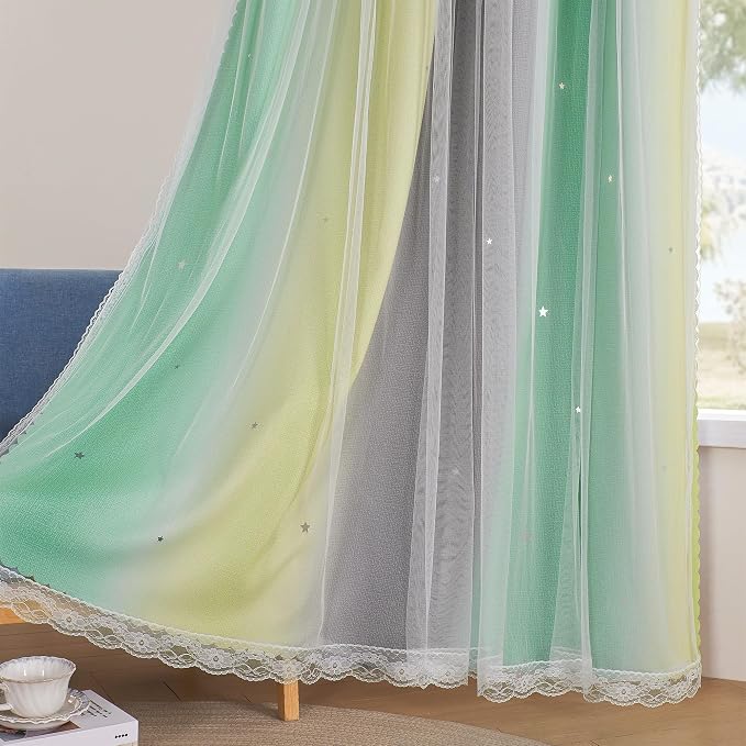 XiDi Curtains for Bedroom Decor, Rainbow GreenYellowGrey34/96/1 - Image 5