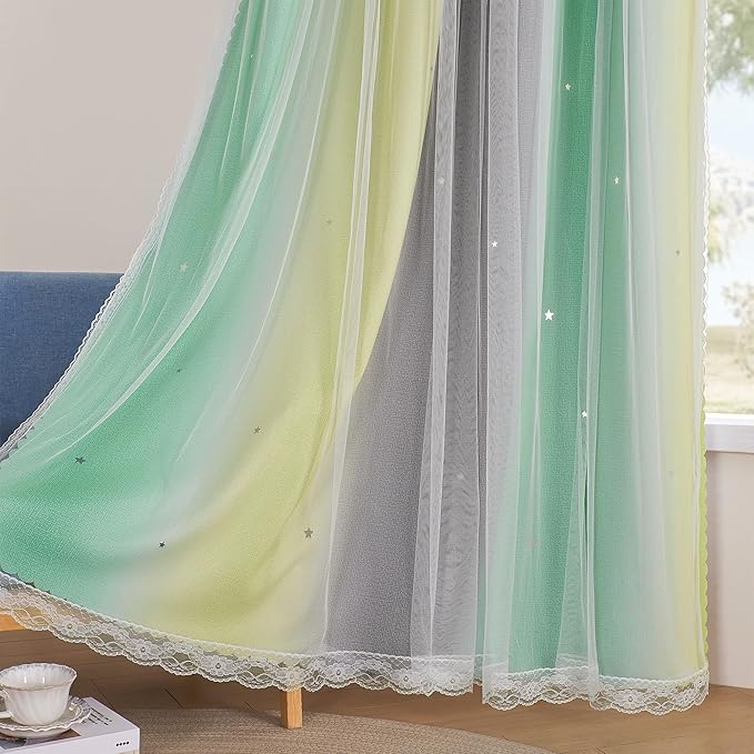 XiDi Curtains for Bedroom Decor, Rainbow GreenYellowGrey52/45/1 - Image 4