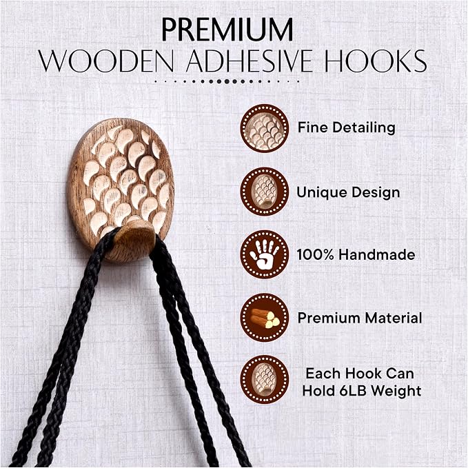 Indian Shelf 6 Lb- 3 Pieces Decorative Wood Adhesive Wall Hooks–Boho Peel and - Image 3