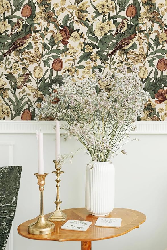 Erfoni 17.3" x118" Floral Birds Wallpaper Vintage Floral Peel and Stick - Image 4