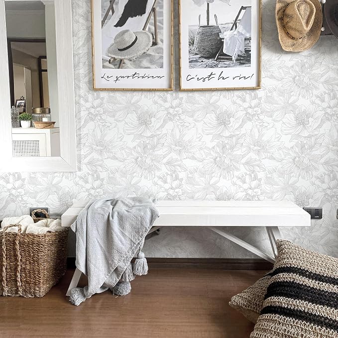 Ismoon Large Floral Peel and Stick Wallpaper Boho White/Grey Contact Paper - Image 4