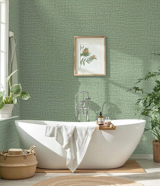Guvana Grasscloth Peel and Stick Wallpaper Green Textured Contact Paper Modern - Image 5