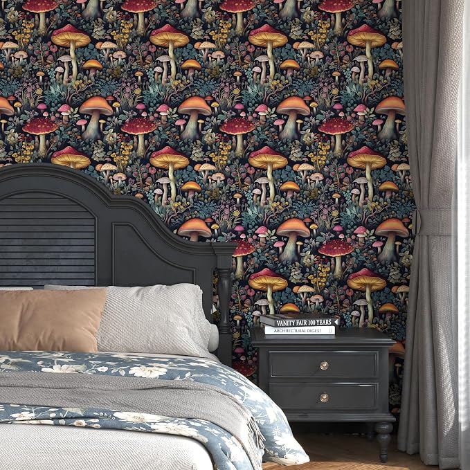 BOKEBEVE Black Colorful Mushroom Contact Paper Floral Wallpaper Peel and Stick - Image 2