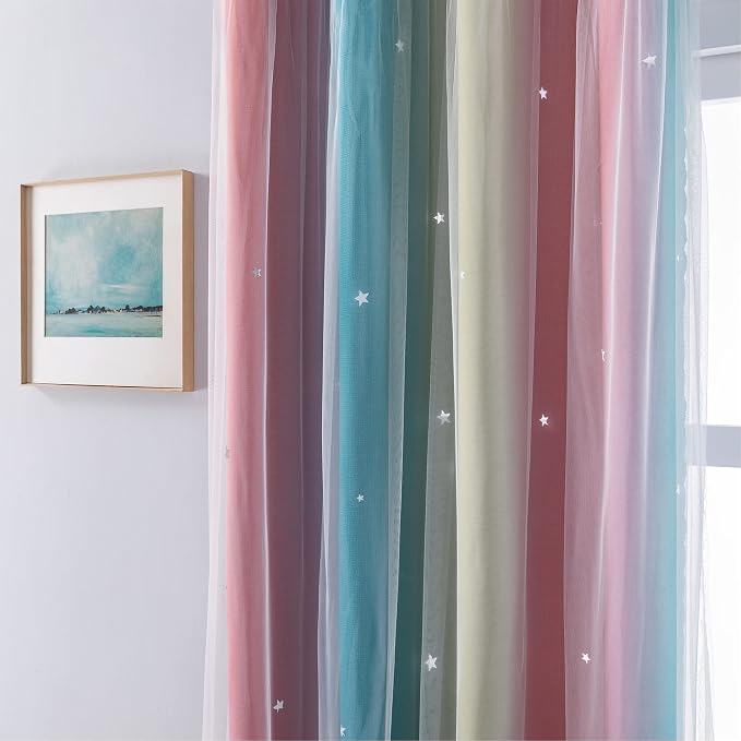 XiDi Curtains for Bedroom Decor, Rainbow Pink-Blue-52-90 - Image 3