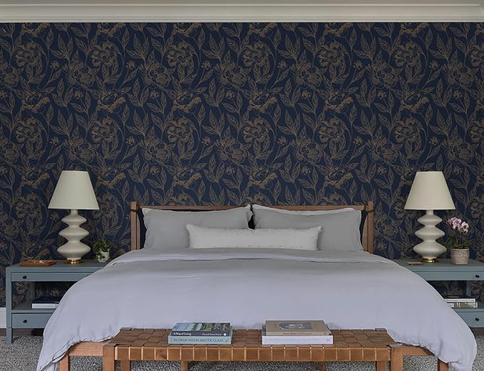 Timeet Peel and Stick Wallpaper Gold and Blue Floral Wall Paper - Image 7