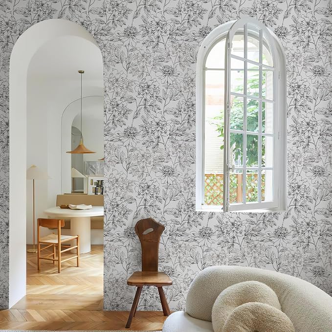 JiffDiff Peel and Stick Wallpaper Black and White Floral Wall Paper 17.3" x - Image 3
