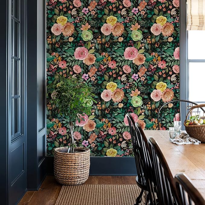 JiffDiff Dark Floral Peel and Stick Wallpaper 236.22" L x 17.7" W Black - Image 2