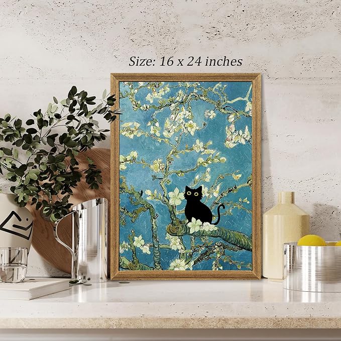 Fantasy Artists Van Gogh's Almond Blossom Funny Black Cat Canvas Wall Art - Image 4