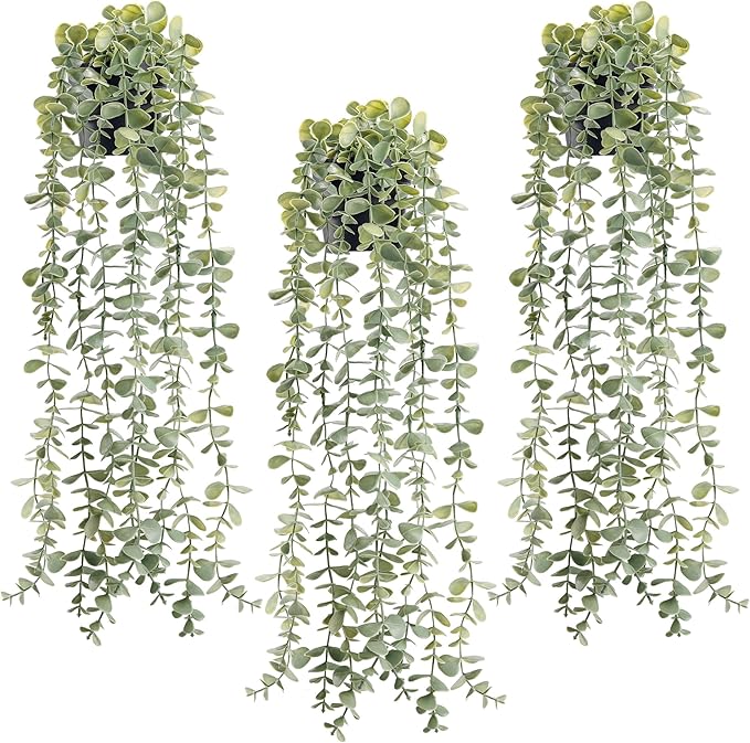 Der Rose 3Pcs Fake Plants Hanging Artificial Decor Faux Potted Eucalyptus Plants by DerRose