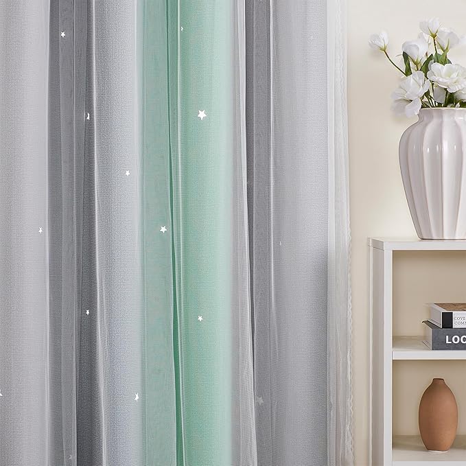 XiDi Curtains for Bedroom Decor, Rainbow Green LightgreyGrey34/90/1 - Image 3