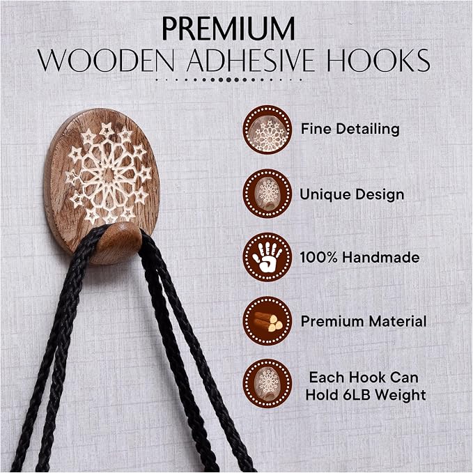IndianShelf 6 Lb- 24 Pieces Decorative Wood Adhesive Wall Hooks–Boho Peel and - Image 5