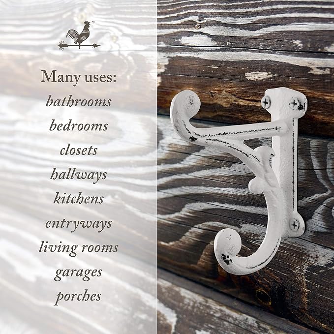 Rustic Cast Iron Coat Hooks Antique White, Wall Mounted, Farmhouse Decorative - Image 8