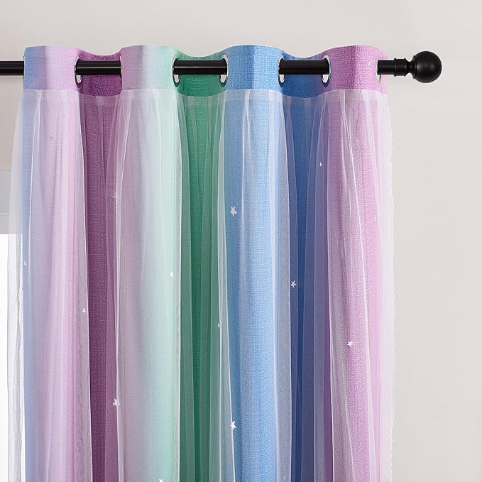 XiDi Blue & Rainbow Curtains for Kids & Girl Room - Image 2