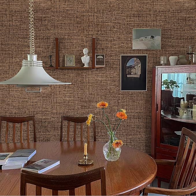 Brown Grasscloth Peel and Stick Wallpaper 17.3"x120" Faux Linen Textured - Image 3