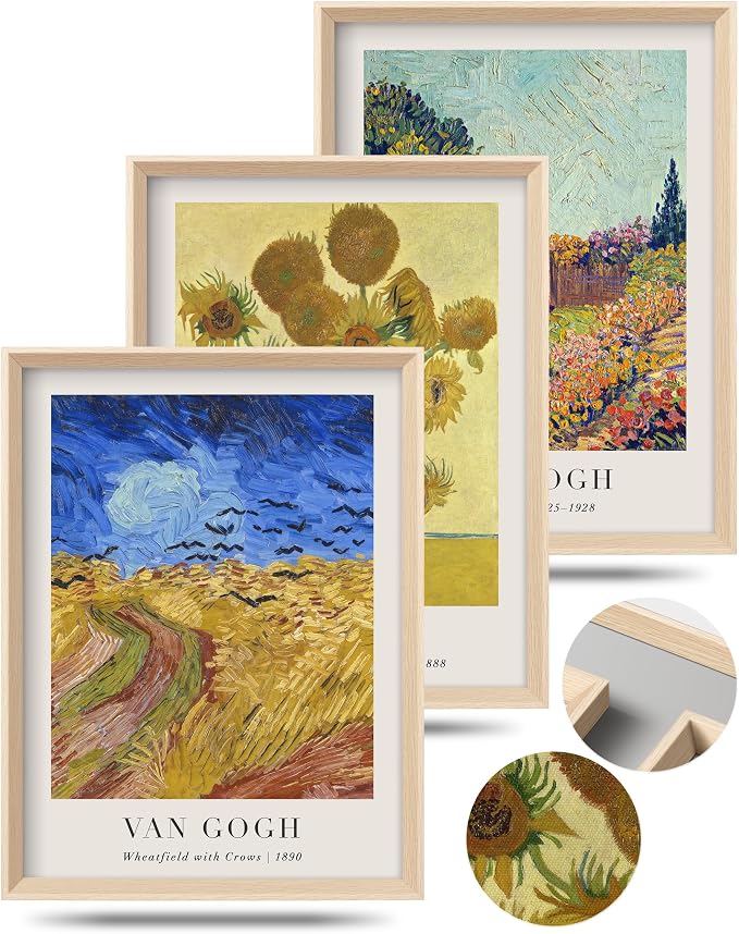 HesenDot Van Gogh Framed Wall Art Set of 3, 12x16 Inch Canvas Prints, Wheatfield by HesenDot