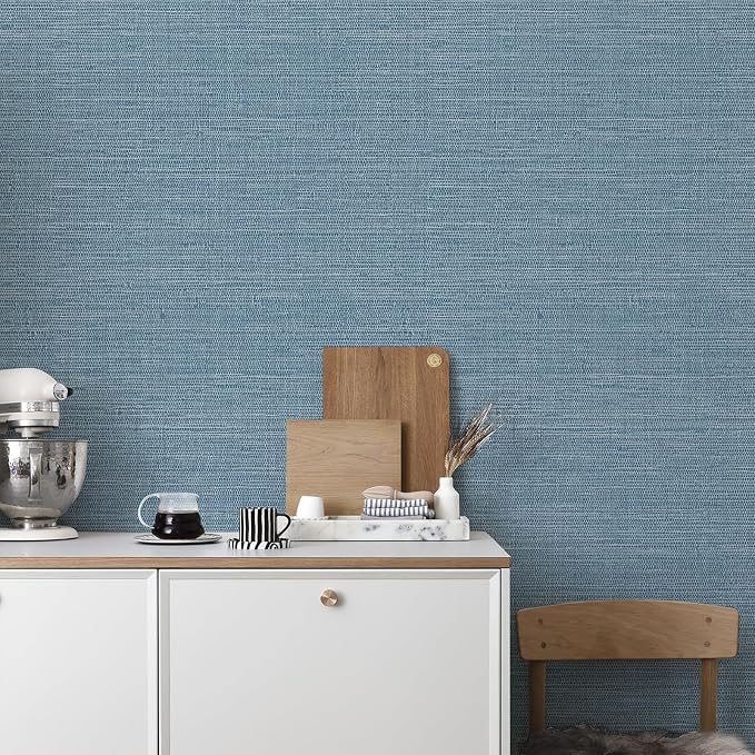 JiffDiff Grasscloth Wallpaper Peel and Stick 1181" x 17.3" Blue Cream - Image 3