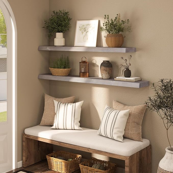 Live Edge Floating Shelf, 48 Inch Solid Elm Wood - Image 6