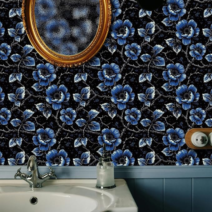 FLFK Vintage Floral Wallpaper Peel and Stick Dark Blue Flower Wallpaper 16" x - Image 4