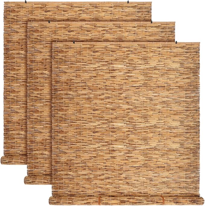 DoubleFill 3 Pcs Bamboo Shades Outdoor Reed Roll Up Blinds 48" W x 72" H by DoubleFill