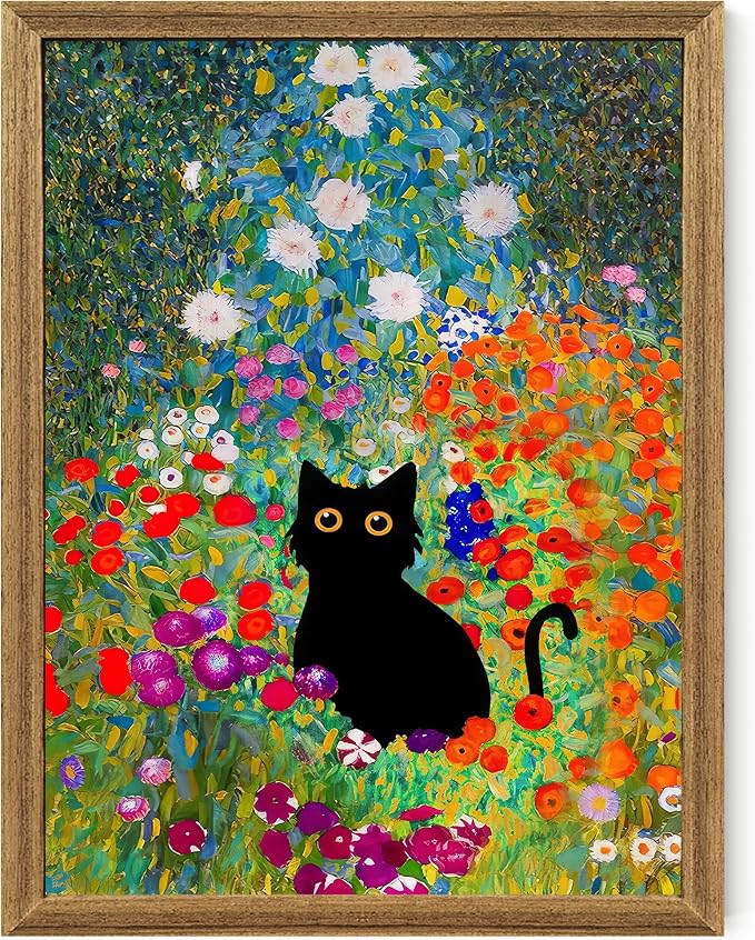 Fantasy Artists Gustav Klimt Canvas Wall Art, Framed Aesthetic Cat Floral Wall by Unknown