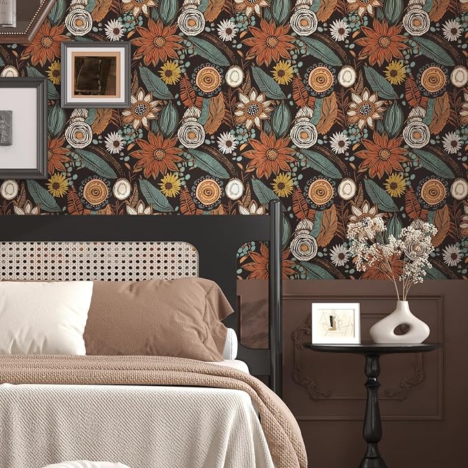 Laatse Boho Wallpaper Peel and Stick, Vintage Floral Contact Paper 17.5" x - Image 5