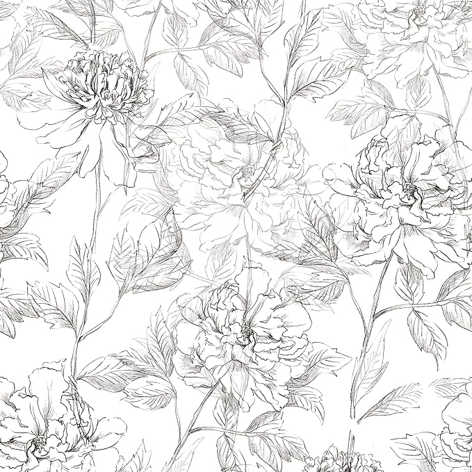 JiffDiff Floral Wallpaper Black & White Peel and Stick Vintage Peony Wall Paper by wallpaper