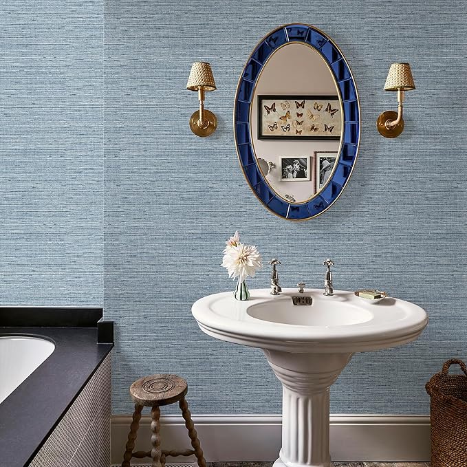 HueBurst Grasscloth Peel and Stick Wallpaper 17.3" x 394" Blue Textured - Image 6