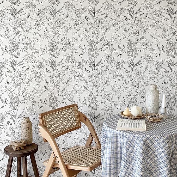 Jiffdiff White and Black Wallpaper Peel and Stick Sketched Peony Floral - Image 9