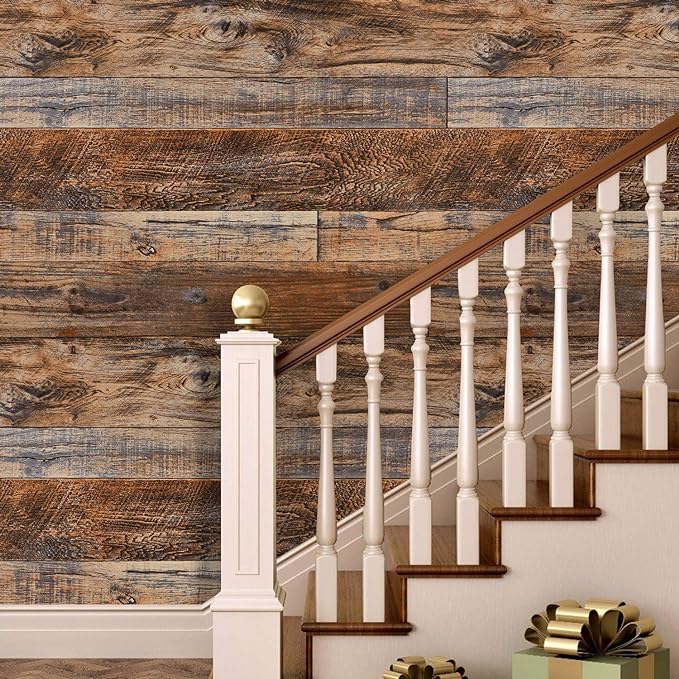 WENMER 11.8" x 394" Brown Wood Wallpaper Peel and Stick Wallpaper Shiplap Self - Image 3