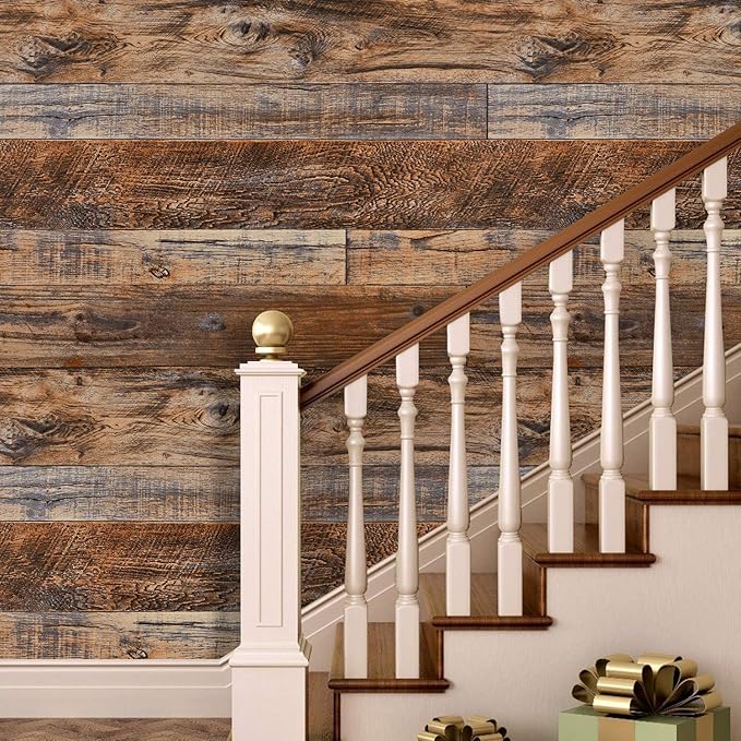 WENMER 17.71 inch x 236 inch Brown Wood Peel and Stick Wallpaper Shiplap Self - Image 3