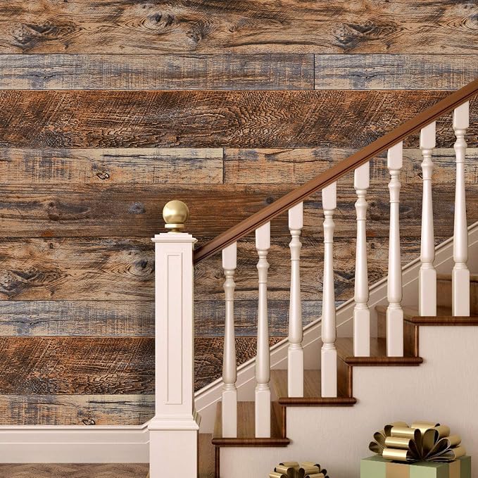 WENMER 11.8" x 78.7" Brown Wood Peel and Stick Wallpaper Shiplap Self Adhesive - Image 3