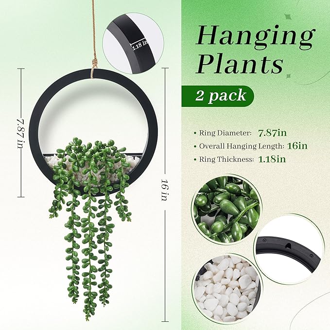 Der Rose 2 Pack Fake Plants Hanging Artificial Succulents Plants in Black Pots - Image 3