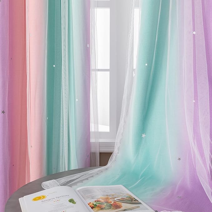 XiDi Pink Green Curtains 108 Inches Long, Unicorn Wall Decals - Image 5