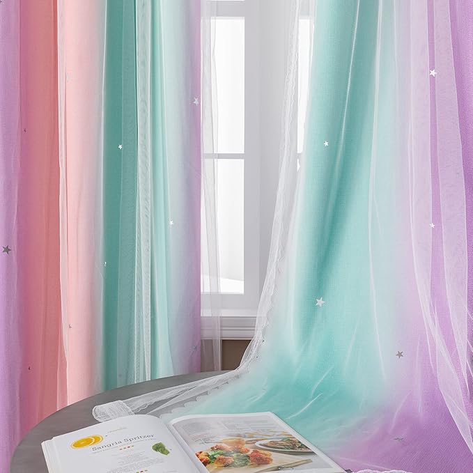 XiDi Curtains for Bedroom Decor, Rainbow PinkPuGreen-52-45 - Image 4