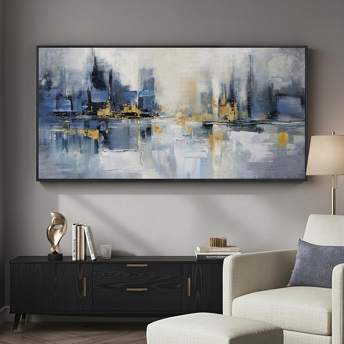 Framed Blue Abstract Wall Art for Living Room, Extra Large Modern Cityscape by MXART
