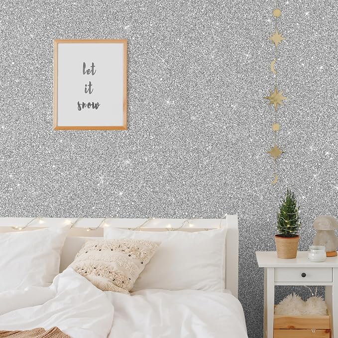 CHIHUT Sparkle Silver Glitter Wallpaper Peel and Stick Silver Glitter Contact - Image 2