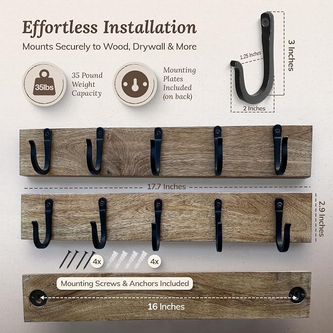 Cast Iron Spike Hooks Mounted on Two Natural Hardwood Boards Decorative - Image 3