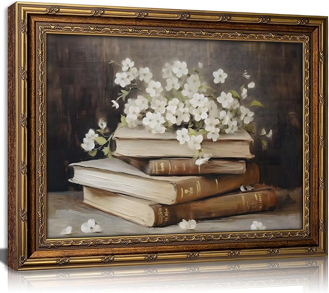 Vintage Gold Framed Wall Art Retro Moody Books and Flowers Oil Painting Canvas by DQUCWDKVintagegoldframedwallart