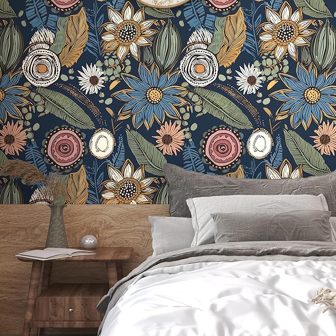 Blue Wallpaper Peel and Stick, Vintage Boho Floral Contact Paper 17.5" x 118" - Image 6