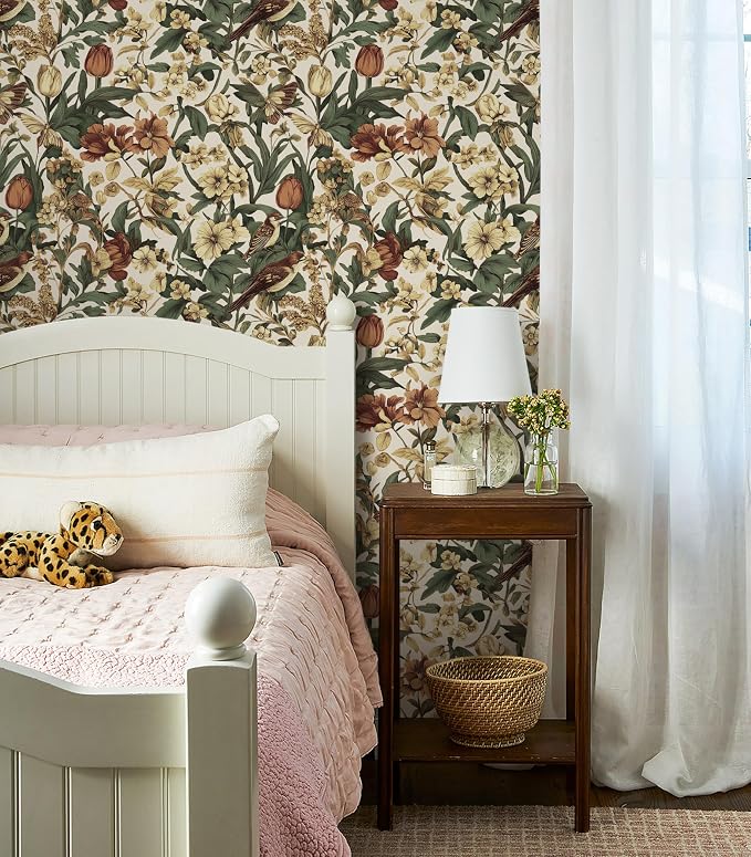 Erfoni 17.3" x118" Floral Birds Wallpaper Vintage Floral Peel and Stick - Image 3