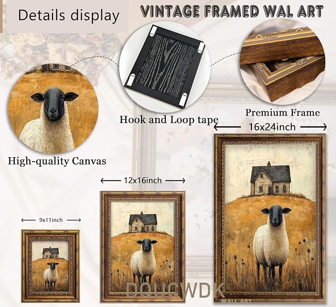 Vintage Gold Framed Wall Art Retro Country Sheep Oil Painting Canvas Prints - Image 4