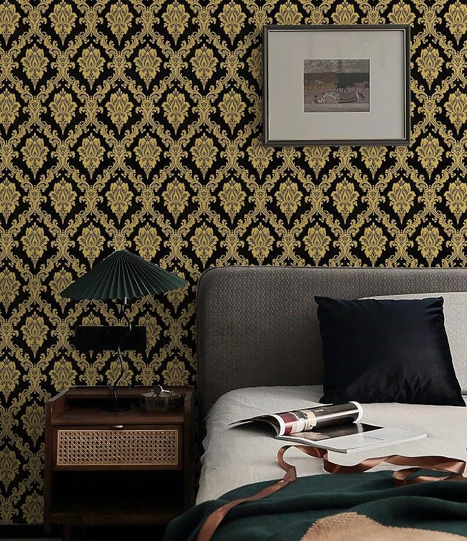 Peel and Stick Wallpaper Black and Yellow Damask Wallpaper - Image 2